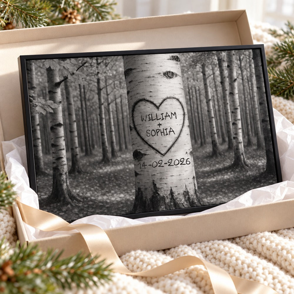 Couple names tree carving heart canvas print next to gift box with ribbon and pine decor
