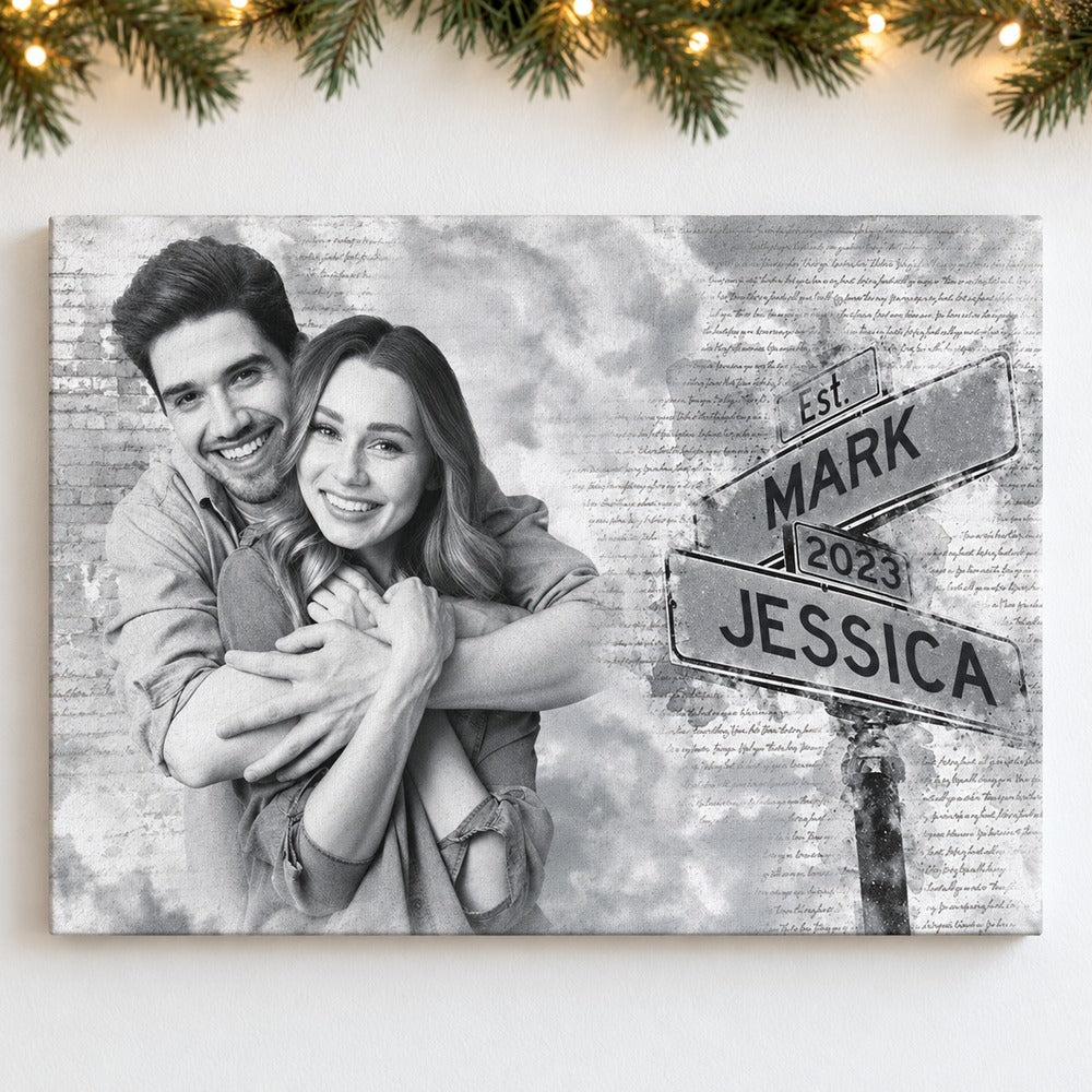 Personalized couple street sign photo canvas on wall with holiday garland and lights