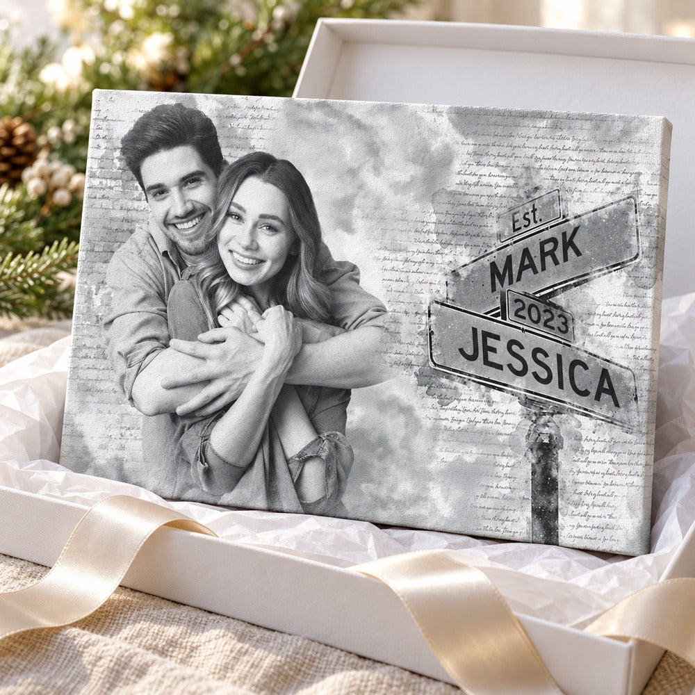 Personalized couple photo canvas next to a holiday gift box with ribbon