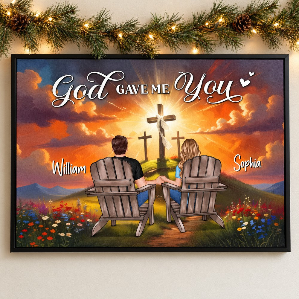 Personalized God Gave Me You couple canvas print hanging on wall with holiday garland