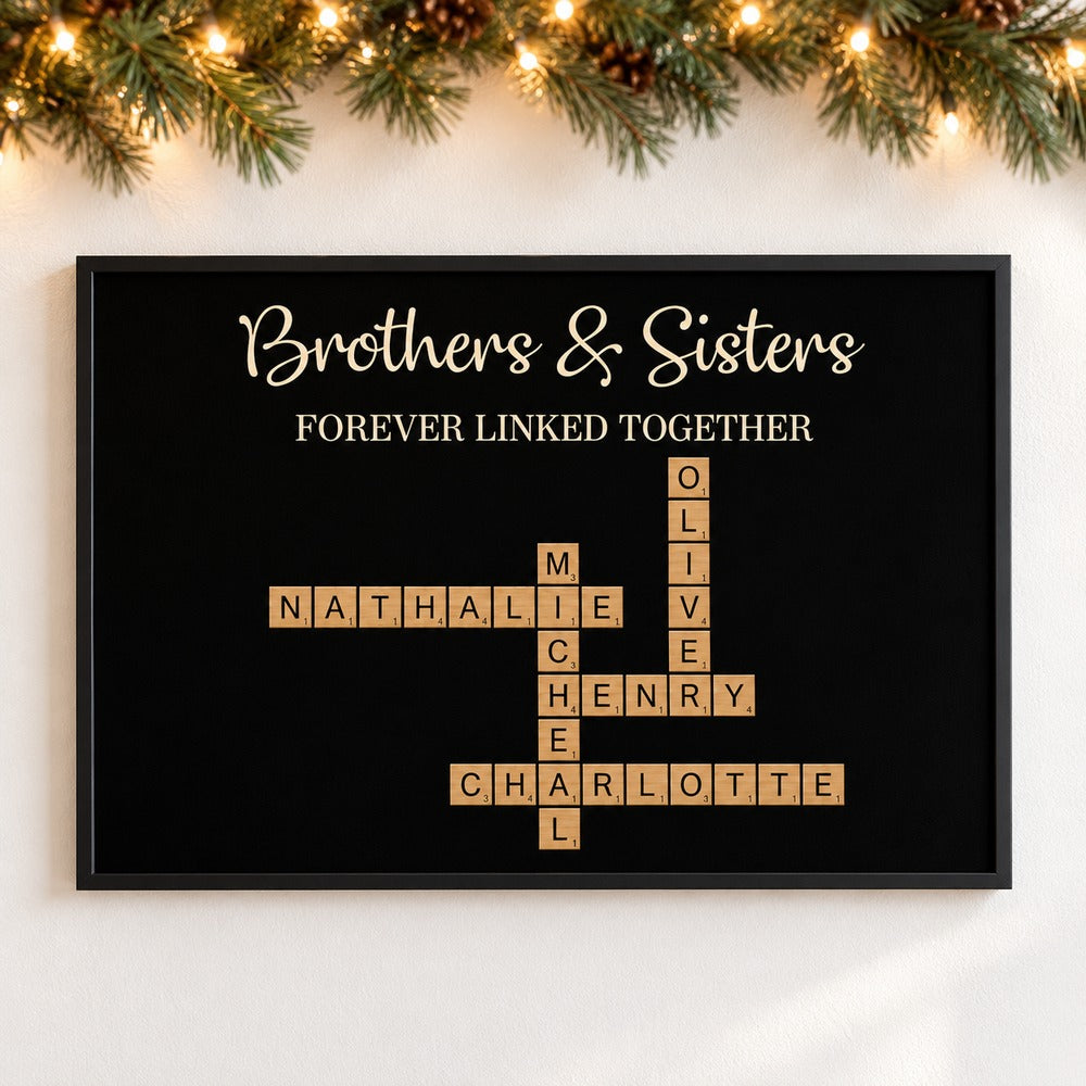 Brothers and Sisters crossword canvas print on wall with holiday garland and lights
