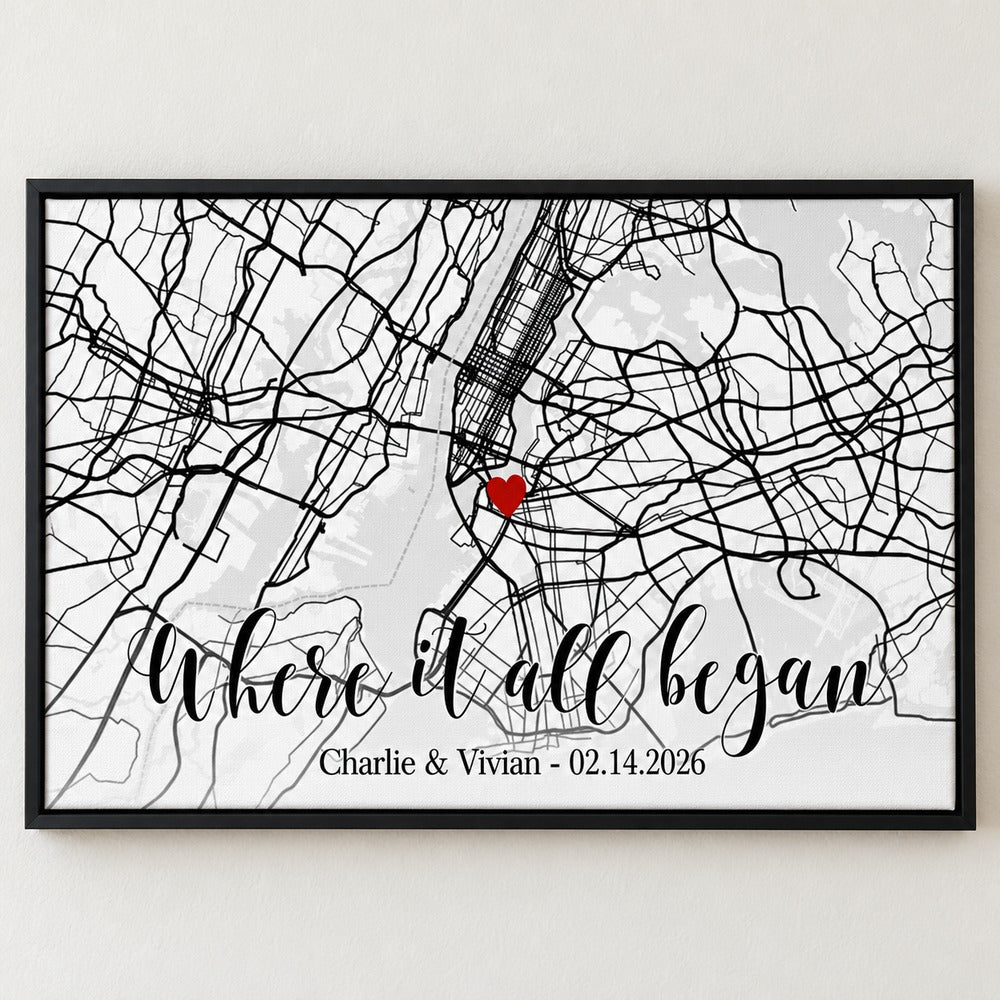 Close up detail of custom map canvas print showing red heart and calligraphy