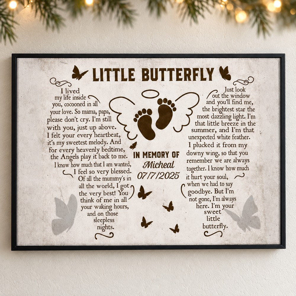 Custom miscarriage memorial canvas wall art hanging on wall with soft holiday greenery and fairy lights