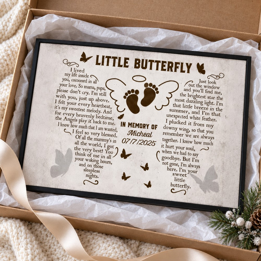 Personalized pregnancy loss memorial canvas print presented in an open gift box with ribbon and tissue