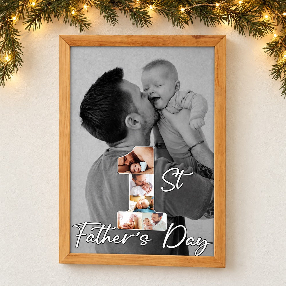 Custom Photo 1st Father's Day wood-framed canvas hanging on a wall with holiday pine garland