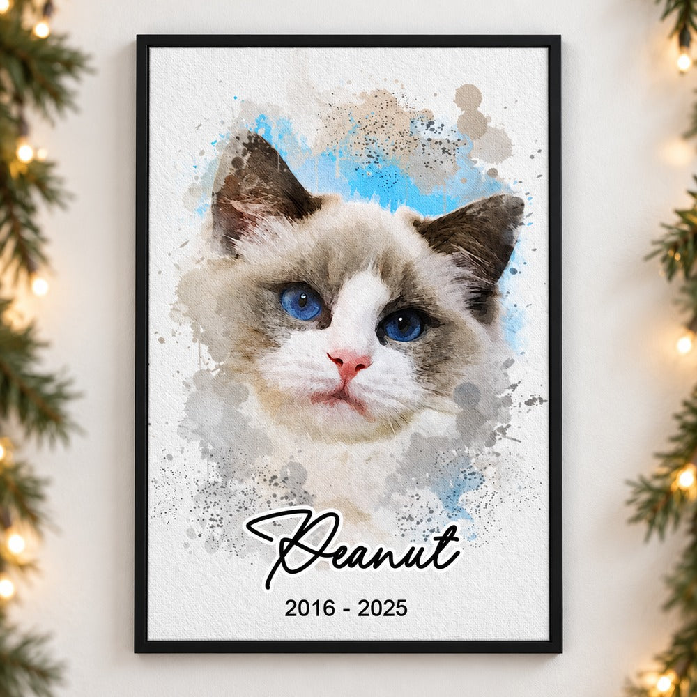 Custom watercolor cat portrait canvas print Peanut hanging on wall with holiday garland