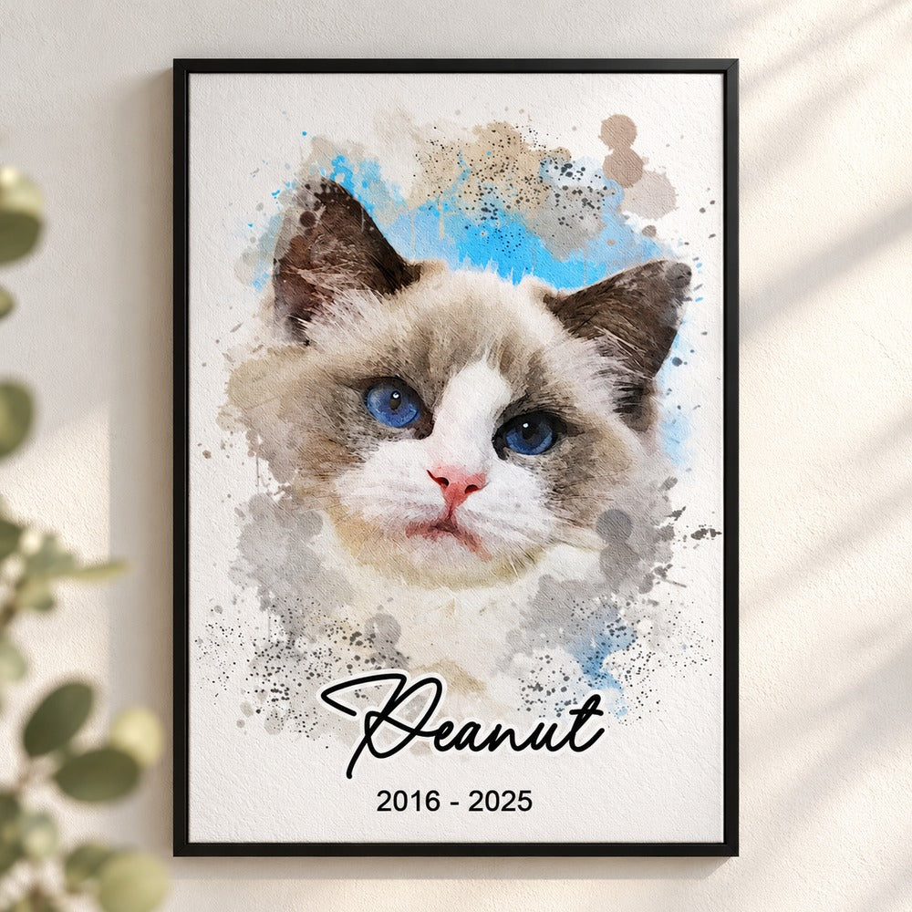 Personalized watercolor pet memorial canvas print displayed on bright wall