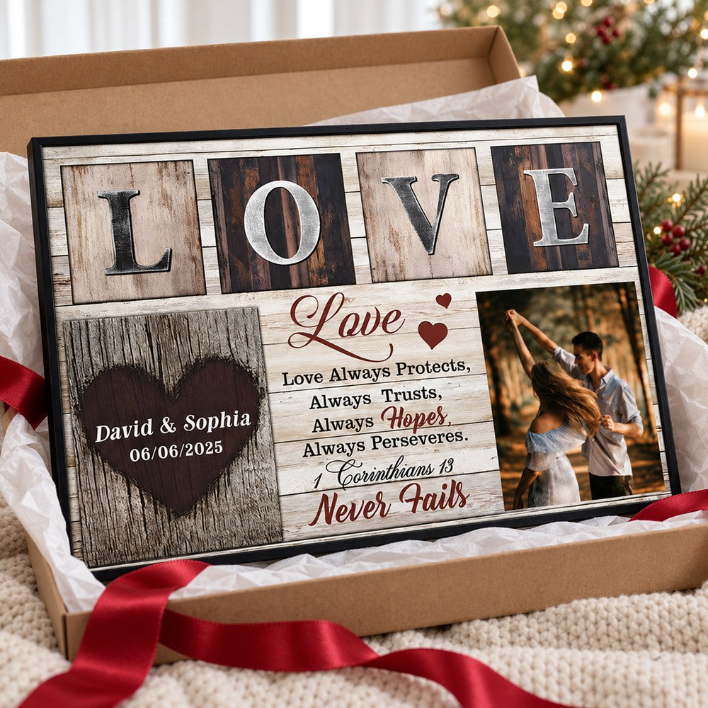 Personalized couple photo canvas print next to holiday gift box and ribbon