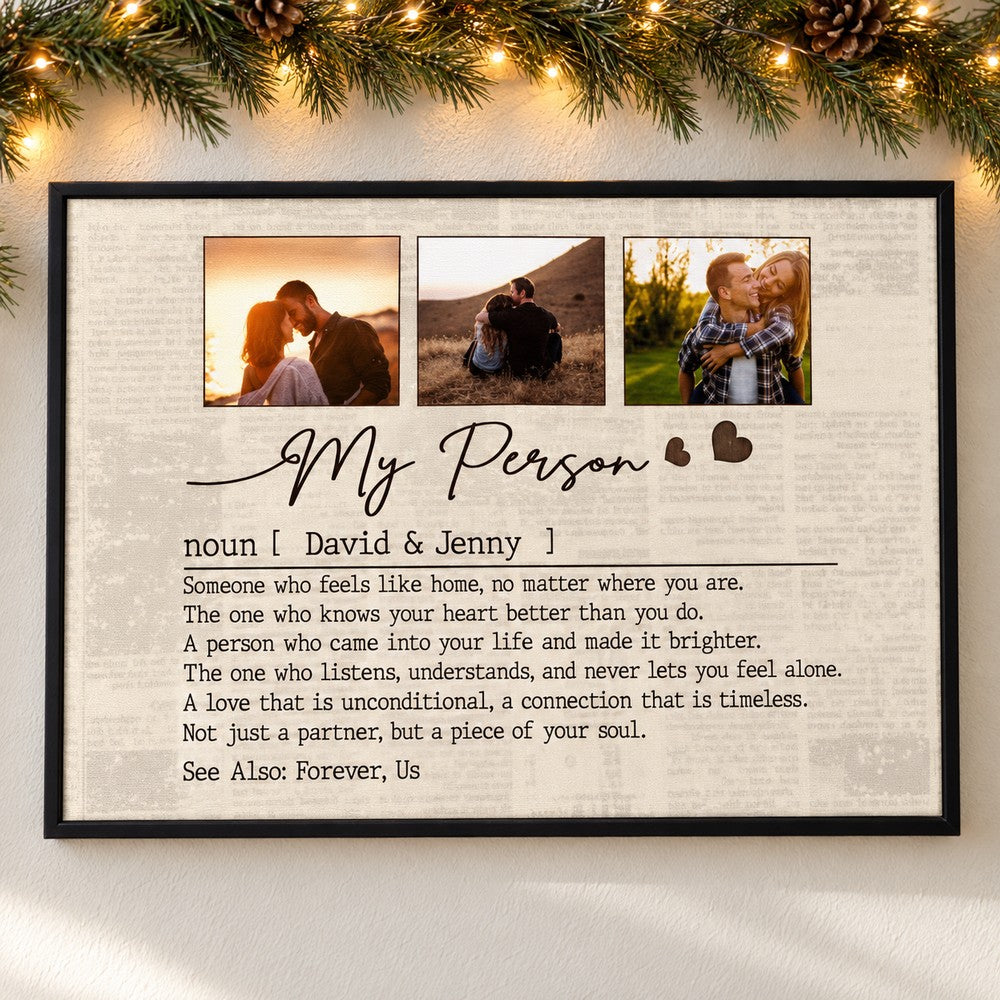 Custom Photo Couple My Person framed canvas print on wall with holiday garland and fairy lights