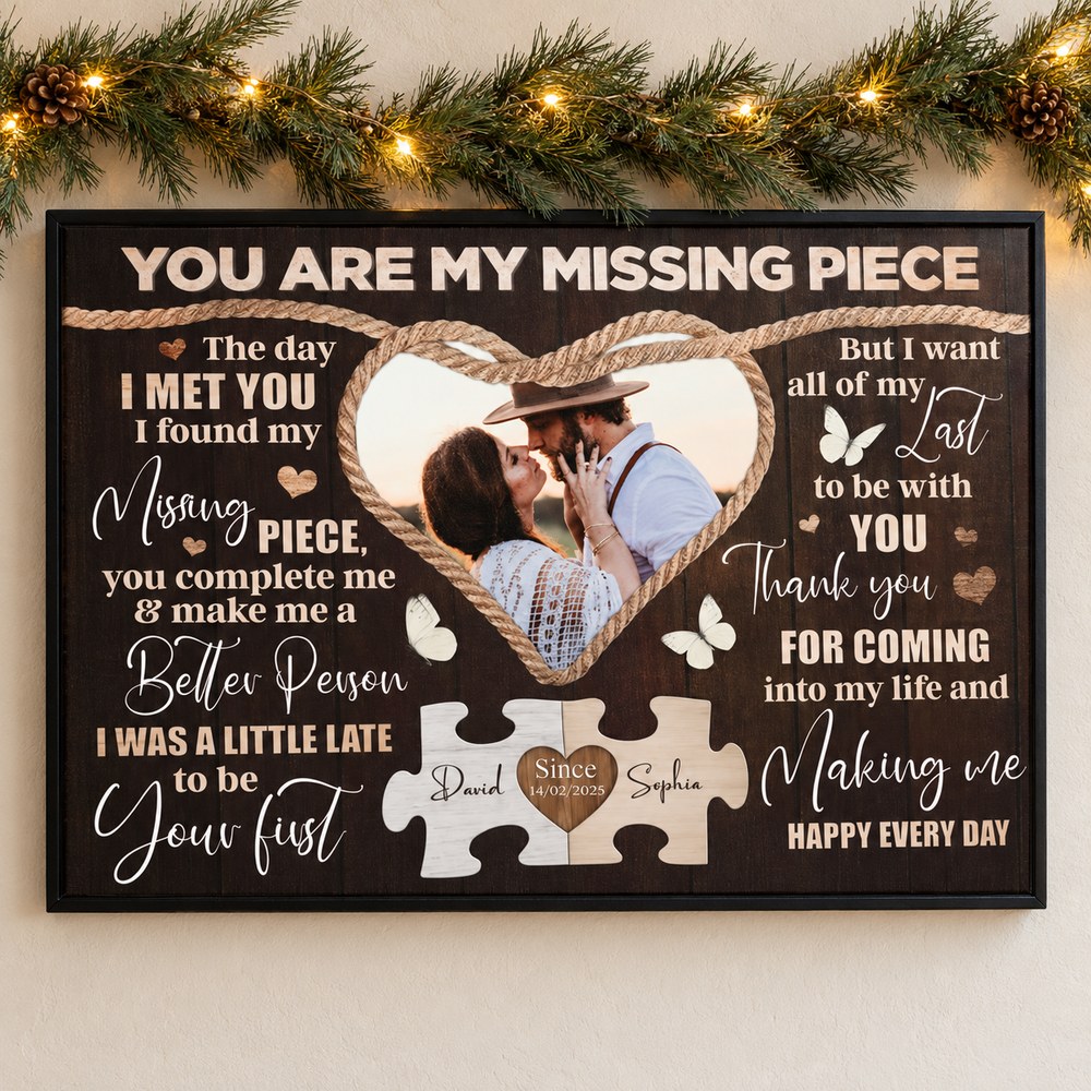 Custom photo couple You Are My Missing Piece canvas print on wall with holiday garland