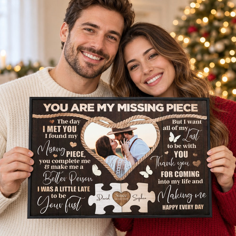 Couple holding personalized You Are My Missing Piece canvas wall art gift