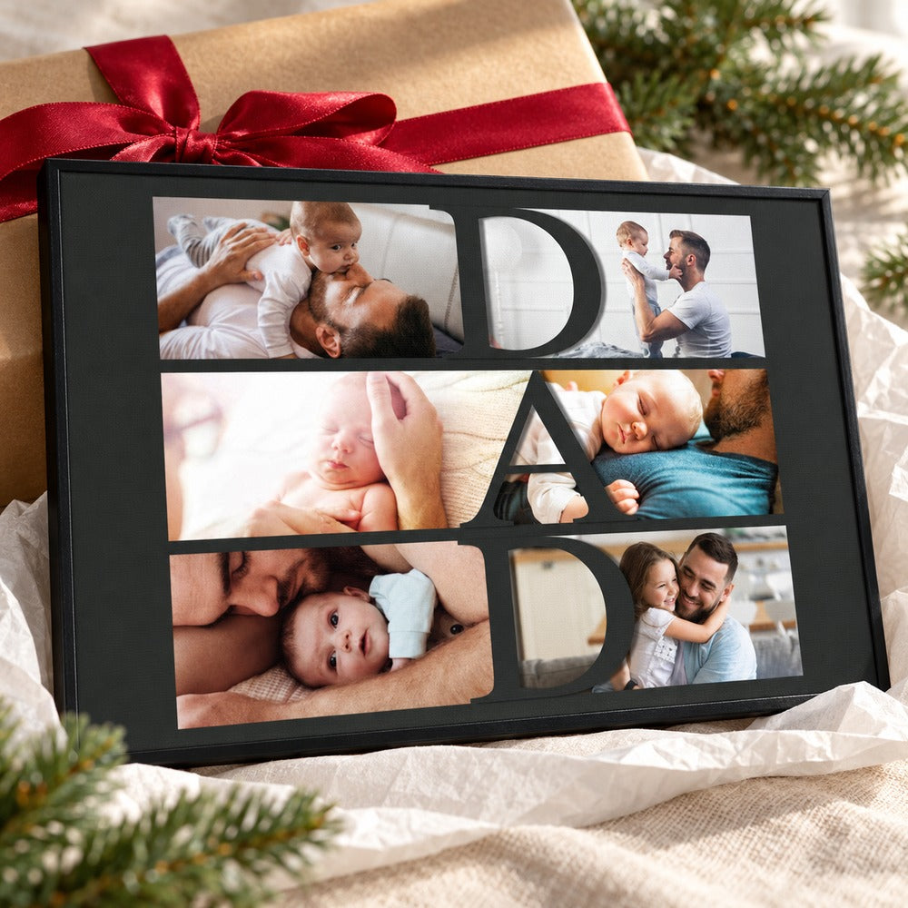 Personalized Dad collage canvas print next to holiday gift box with red ribbon and greenery