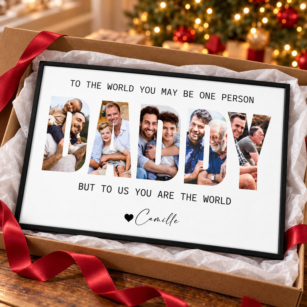 Personalized Daddy photo collage canvas print presented in a holiday gift box with ribbon