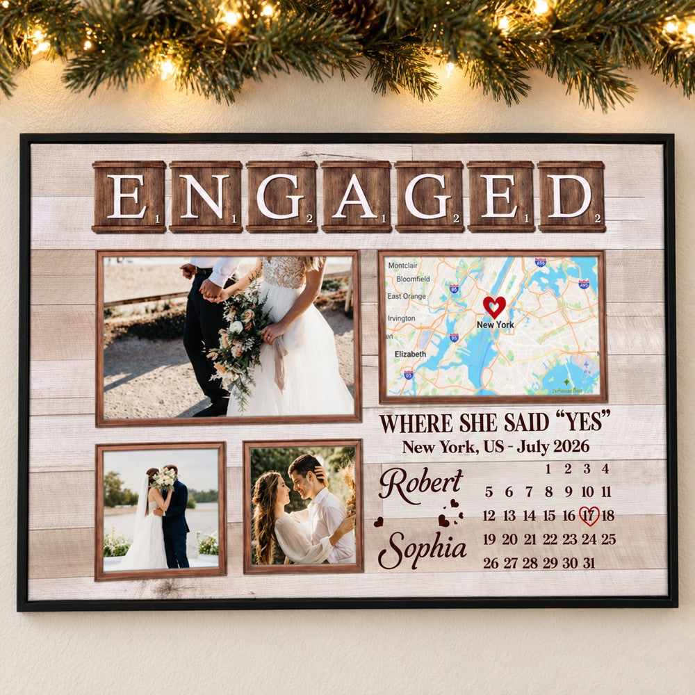 Personalized Engaged couple canvas print hanging on wall with holiday garland and fairy lights
