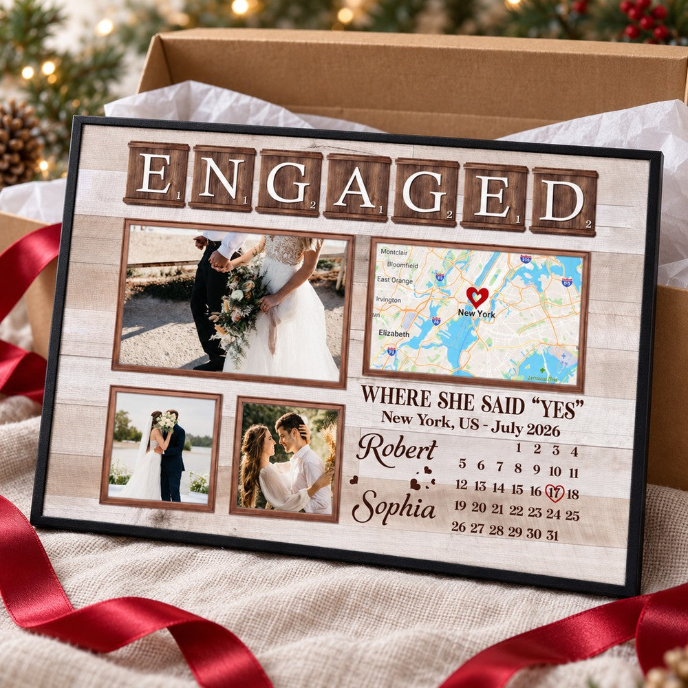 Custom engagement couple canvas print next to gift box with red ribbon and tissue paper