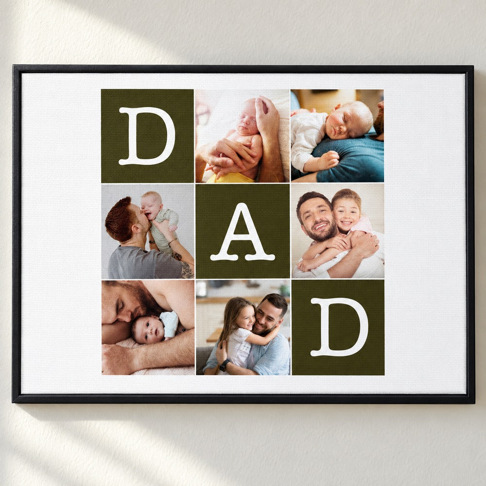 Close-up detail of textured canvas print and black frame on DAD photo collage artwork