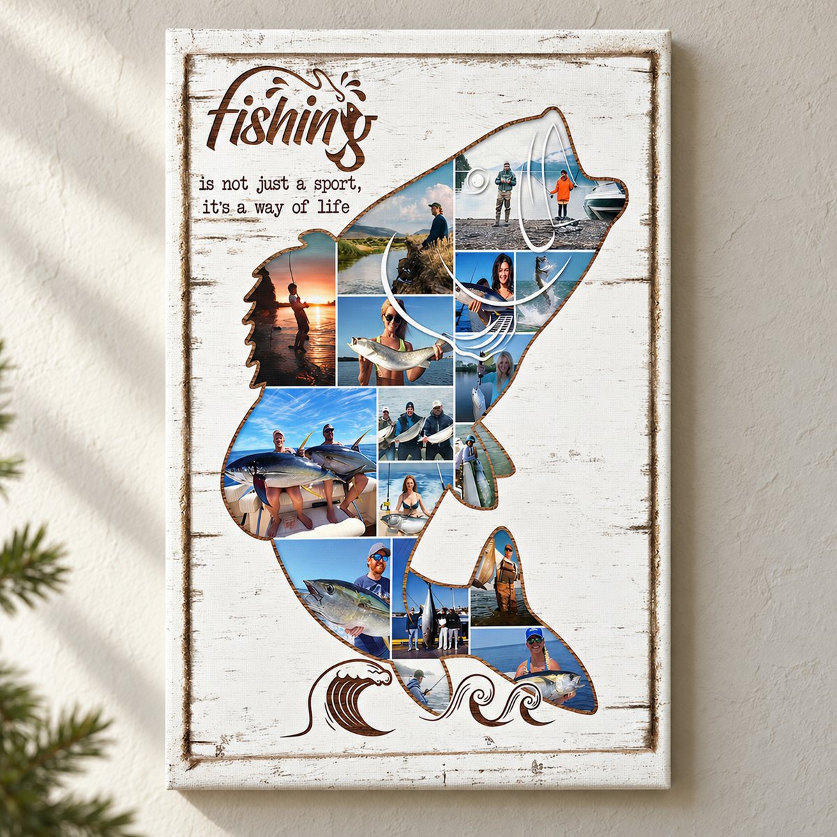 Custom fishing photo collage canvas print hanging on a textured wall with soft greenery