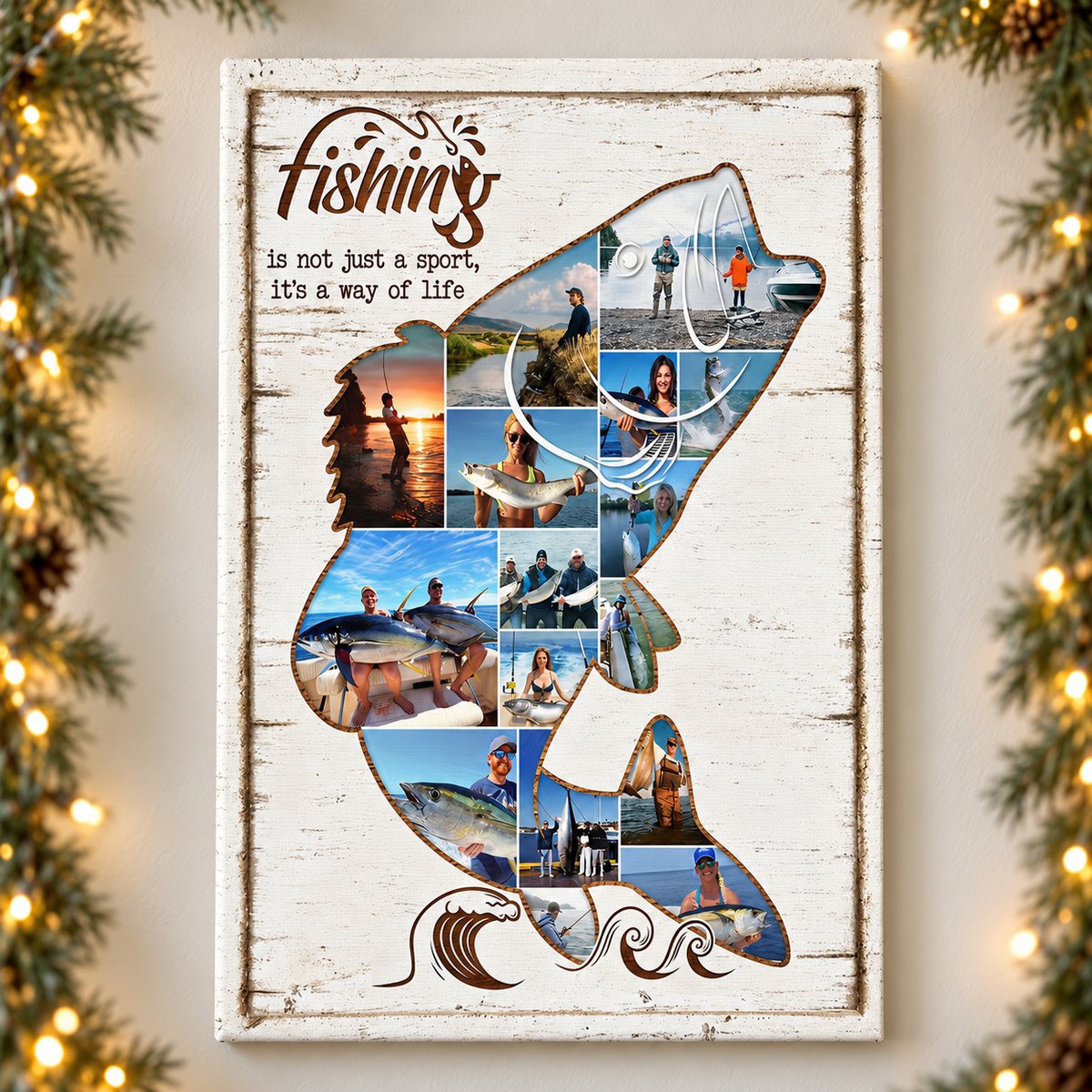 Personalized fisherman photo collage canvas displayed on a wall with holiday garland and lights