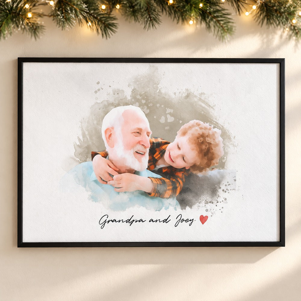 Custom Grandpa and Kid watercolor portrait canvas on wall with holiday garland