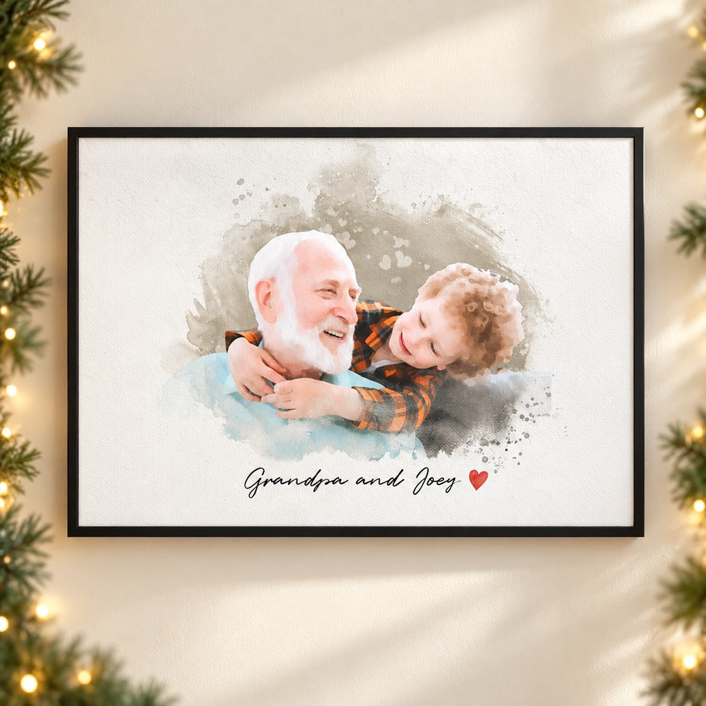 Custom photo grandpa and kid watercolor canvas print hanging on wall with holiday garland