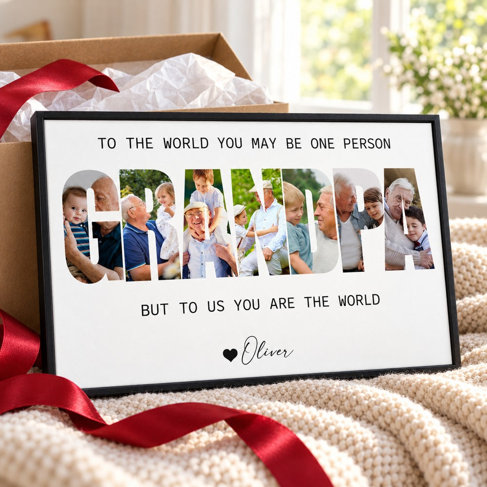 Personalized Grandpa photo collage canvas next to a holiday gift box with red ribbon
