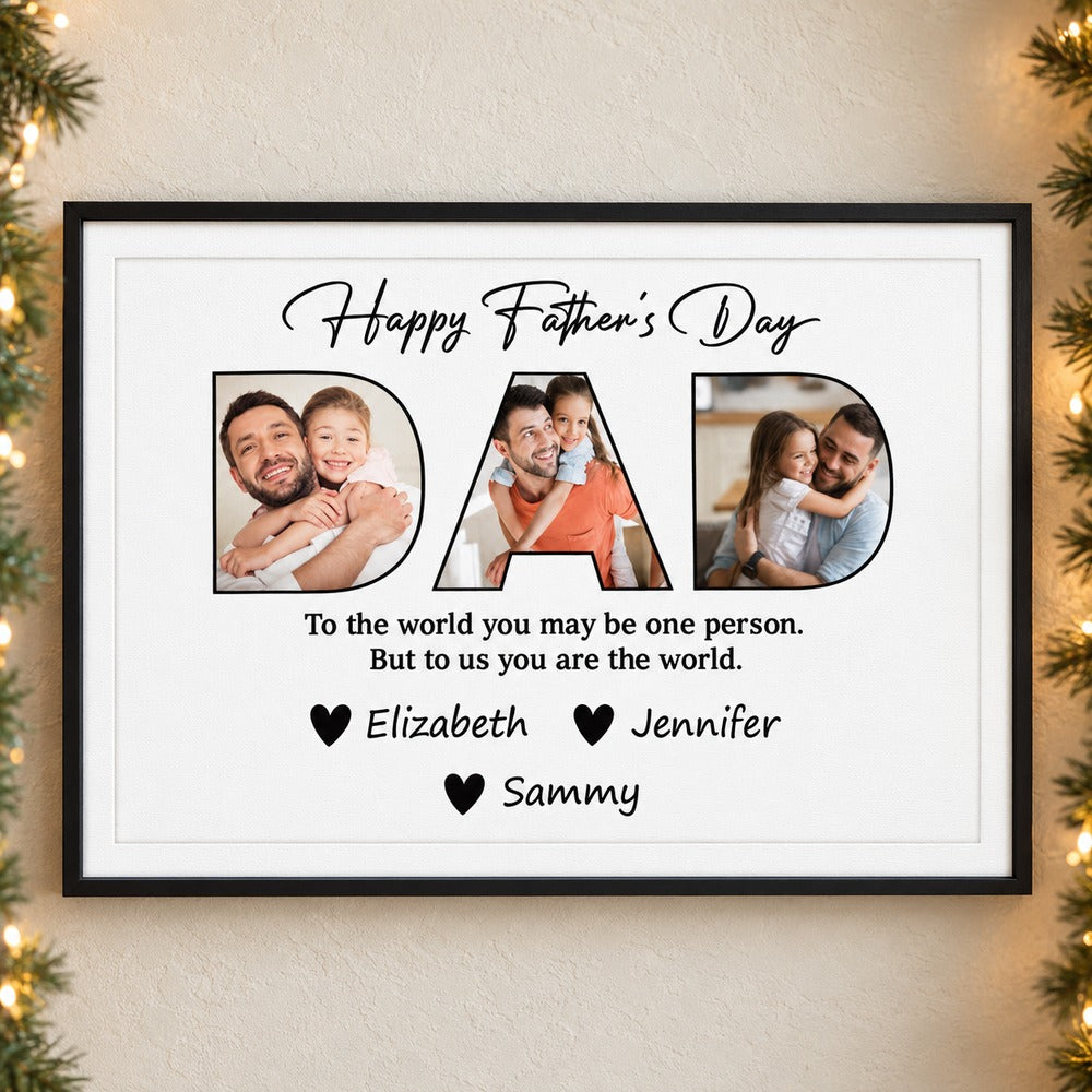 Custom Photo Happy Fathers Day To Dad framed canvas hanging on wall with holiday garland