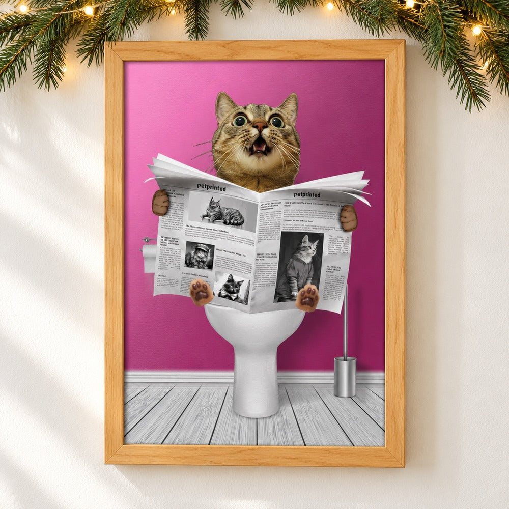 Custom cat on toilet framed canvas print hanging on wall with holiday garland