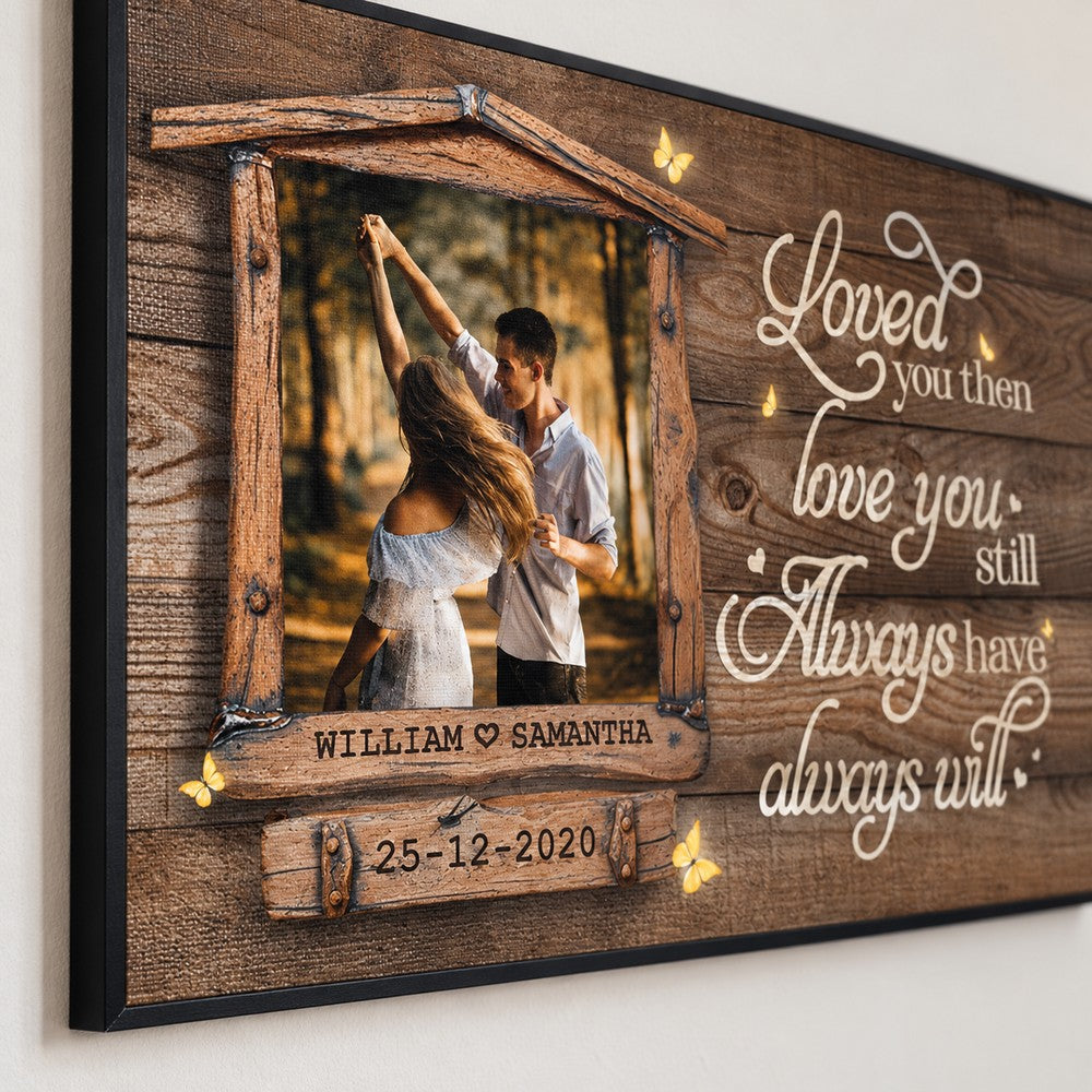 Close-up detail of canvas texture and personalized names plaque on couple photo print