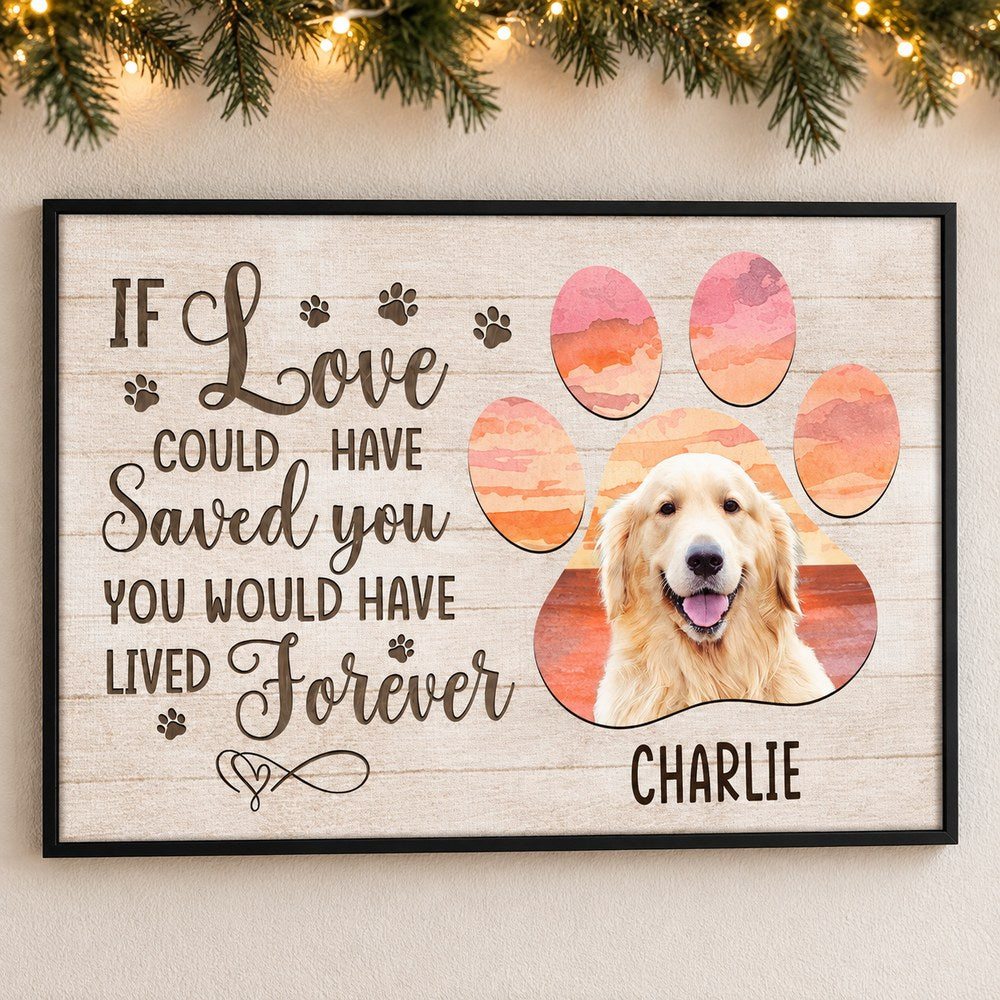 Personalized pet memorial canvas print with golden retriever Charlie on wall with holiday garland