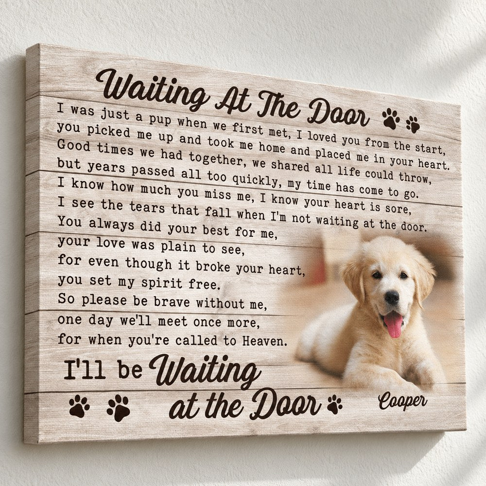 Close up of personalized dog photo and name Cooper on the memorial canvas print