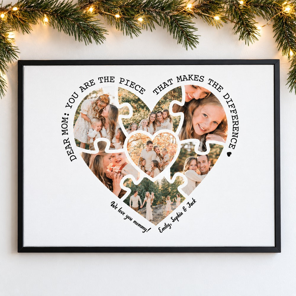 Custom Mom puzzle heart canvas print hanging on a wall with holiday garland and fairy lights