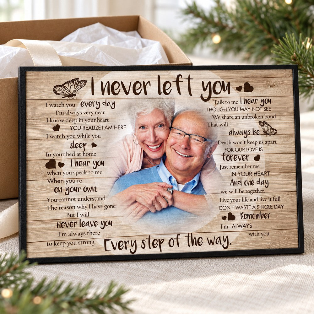 Custom photo memorial canvas unwrapped next to holiday gift box and ribbon