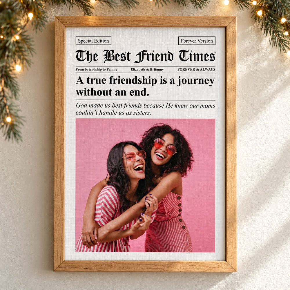 Custom Best Friend Times framed canvas print hanging on wall with holiday garland and fairy lights