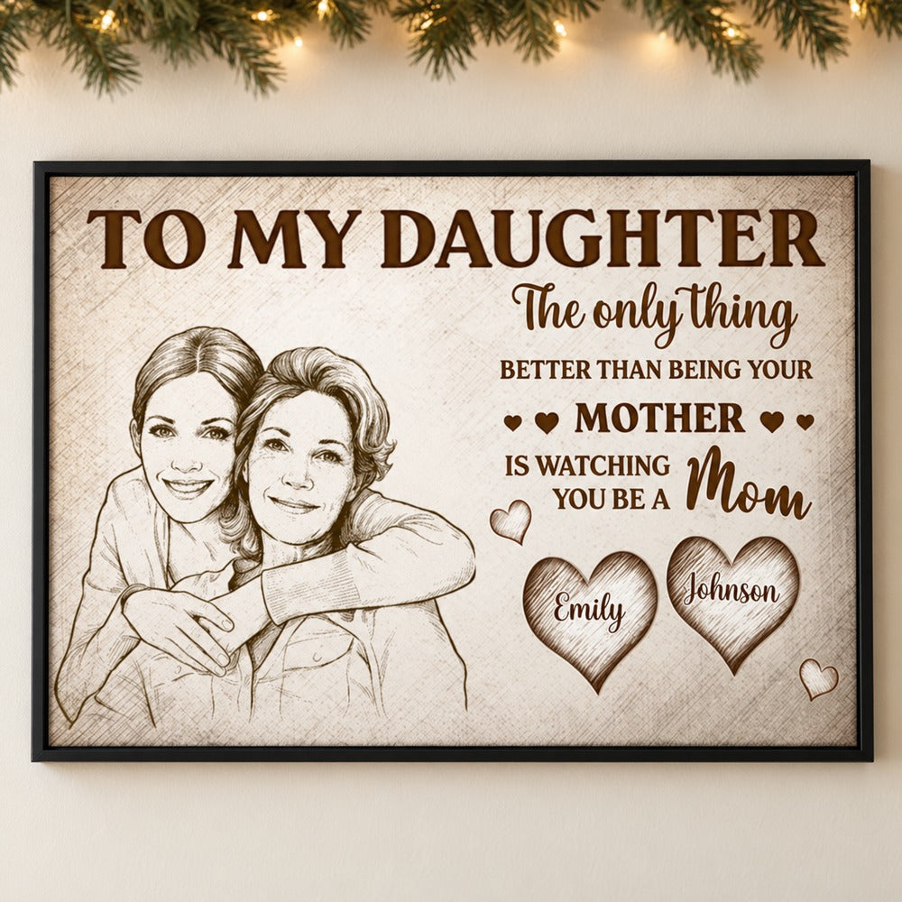 Custom photo pencil sketch mom and daughter canvas print on wall with holiday garland