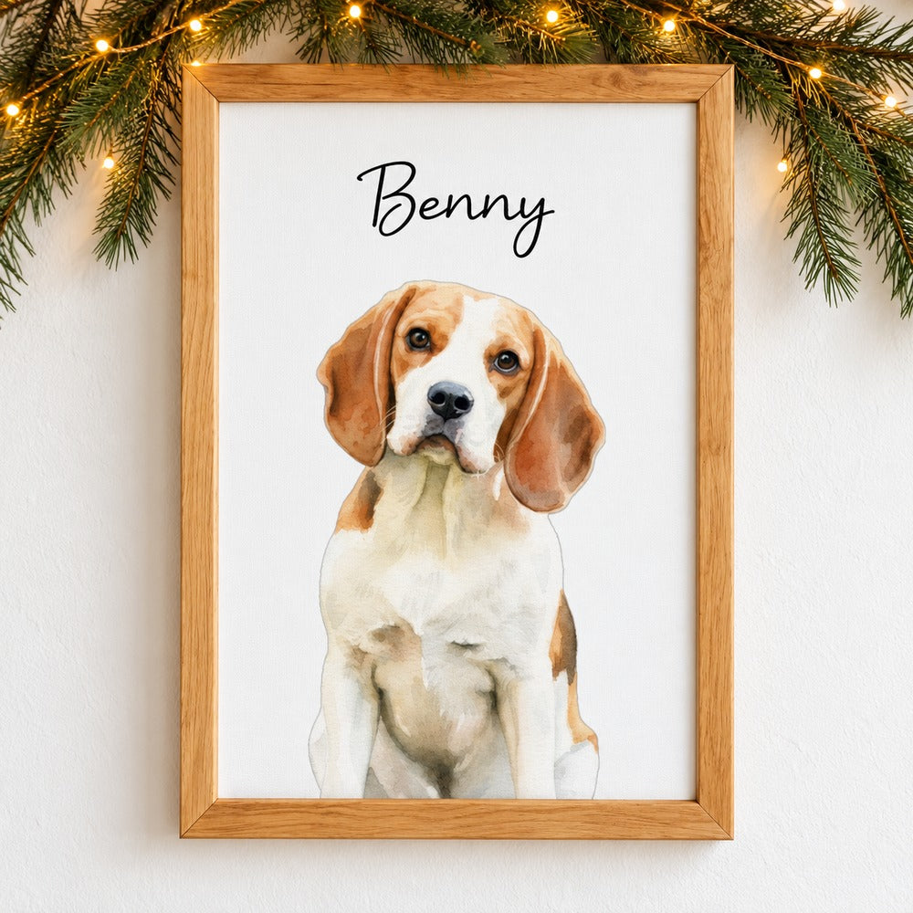 Custom watercolor dog portrait framed canvas print hanging on wall with holiday garland