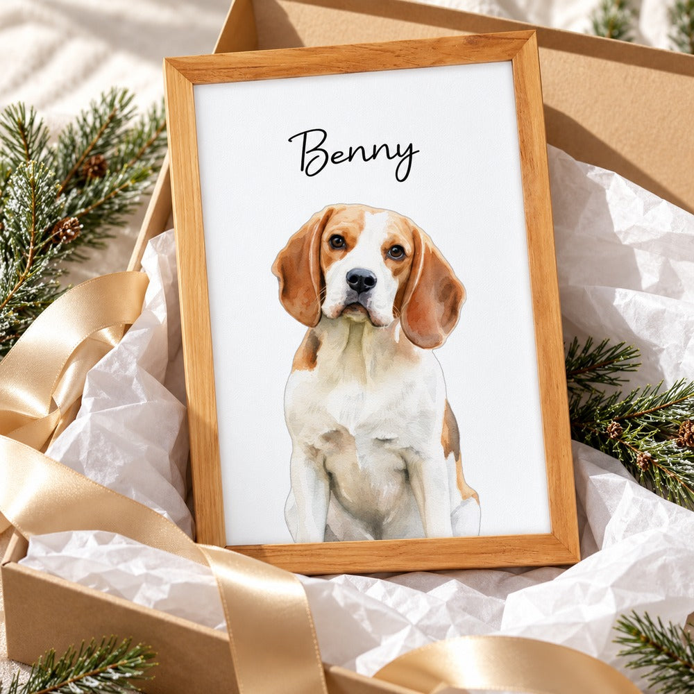 Personalized pet watercolor framed canvas print next to holiday gift box and ribbon