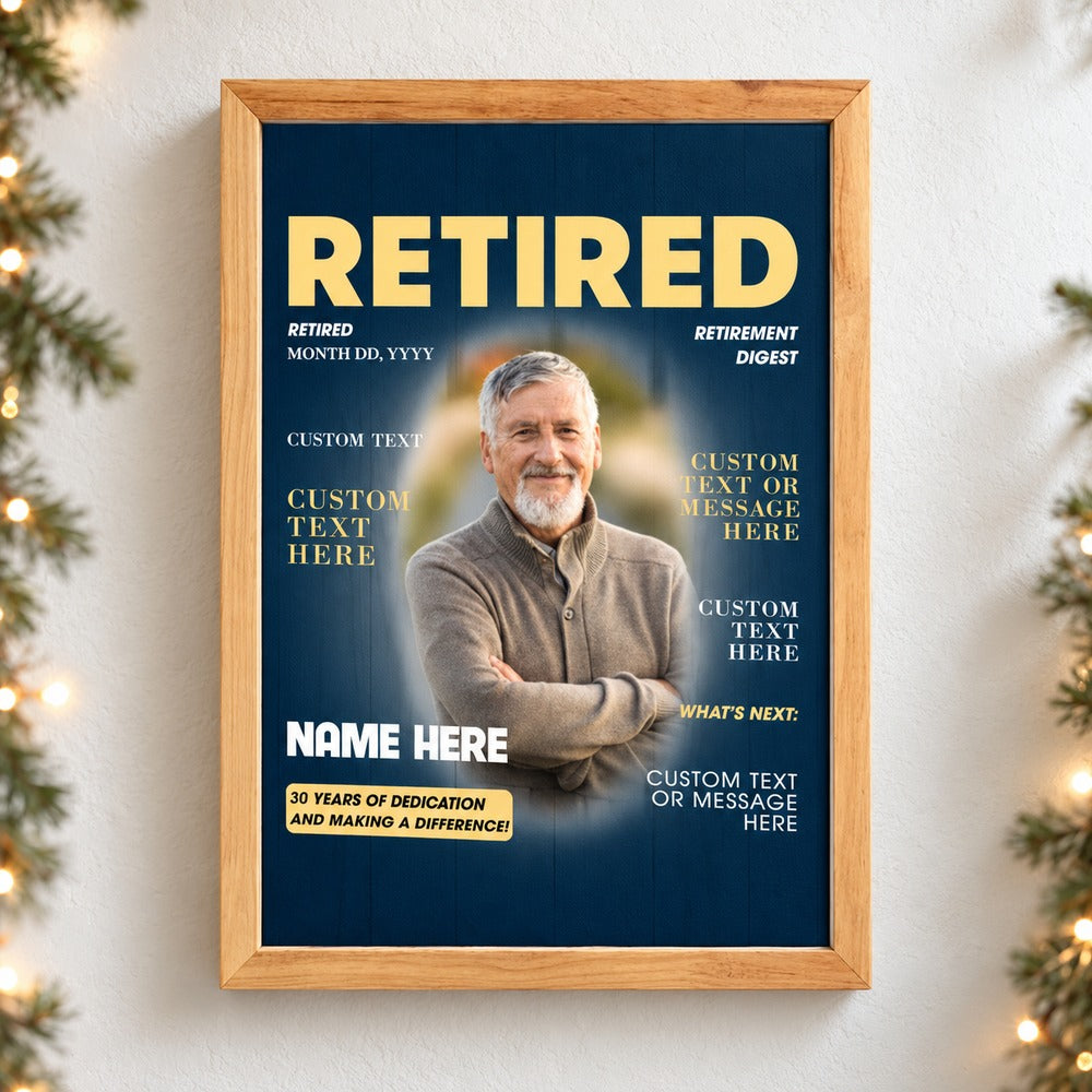 Custom photo retired magazine framed canvas print on wall with holiday garland and lights