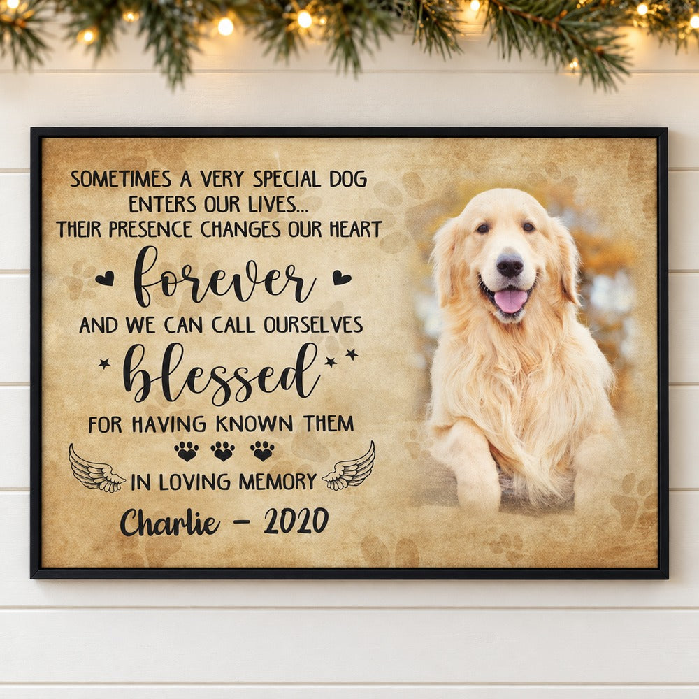 Personalized dog memorial canvas Charlie 2020 hanging on a wall with soft holiday greenery and fairy lights