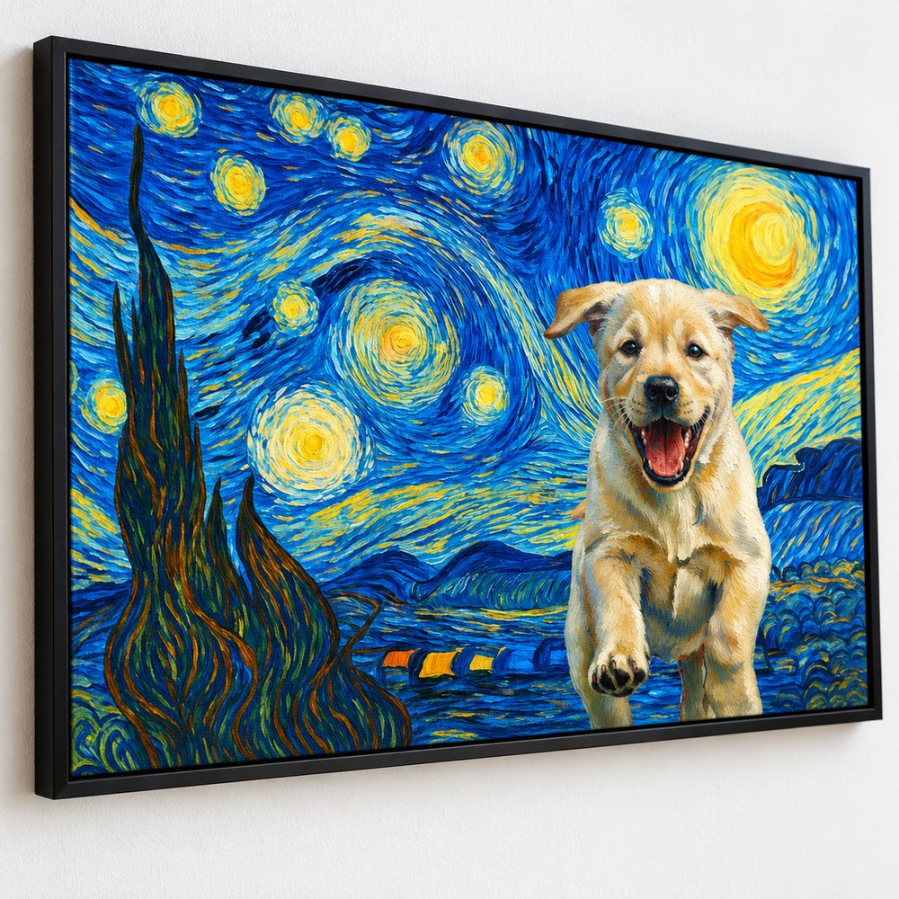 Close-up detail of textured canvas print surface and black frame on Starry Night pet art