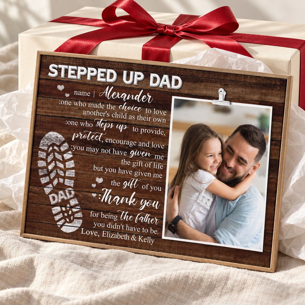 Stepped Up Dad custom photo canvas print next to holiday gift box and ribbon