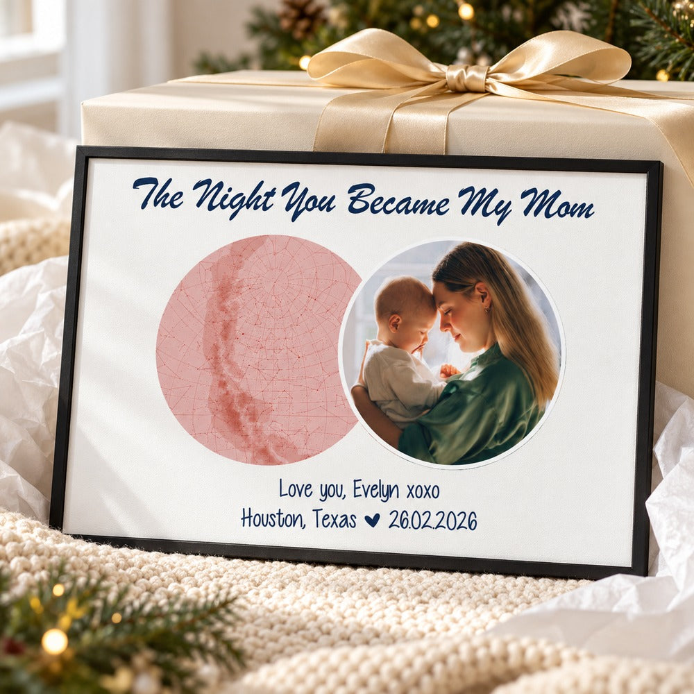 Personalized Night You Became My Mom framed canvas print next to holiday gift box with ribbon