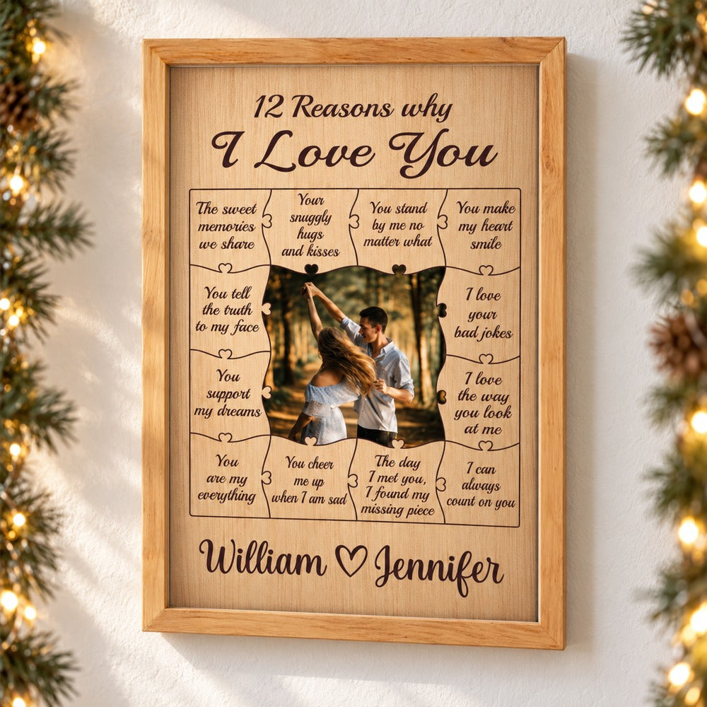 Custom couple puzzle canvas print hanging on a wall with soft holiday greenery and fairy lights