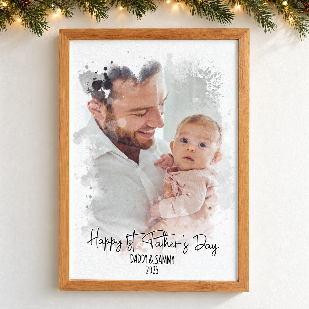 Custom Photo Watercolor First Father's Day framed canvas on wall with holiday garland and fairy lights