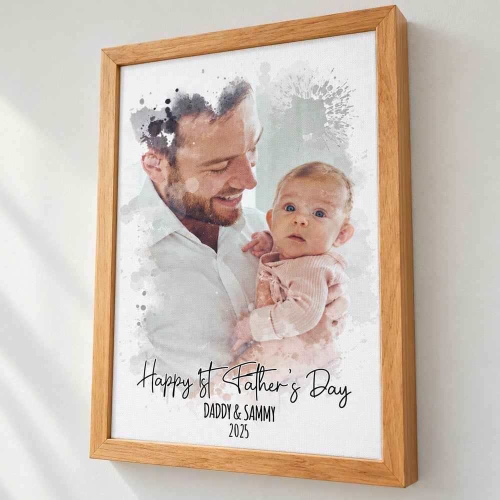 Close-up detail of watercolor canvas texture, wood frame corner, and custom Father's Day lettering
