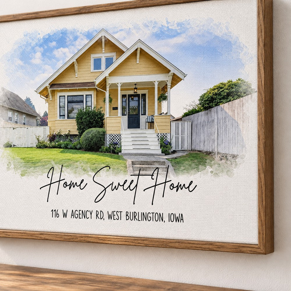 Close up detail of custom watercolor house canvas print texture lettering and wood frame