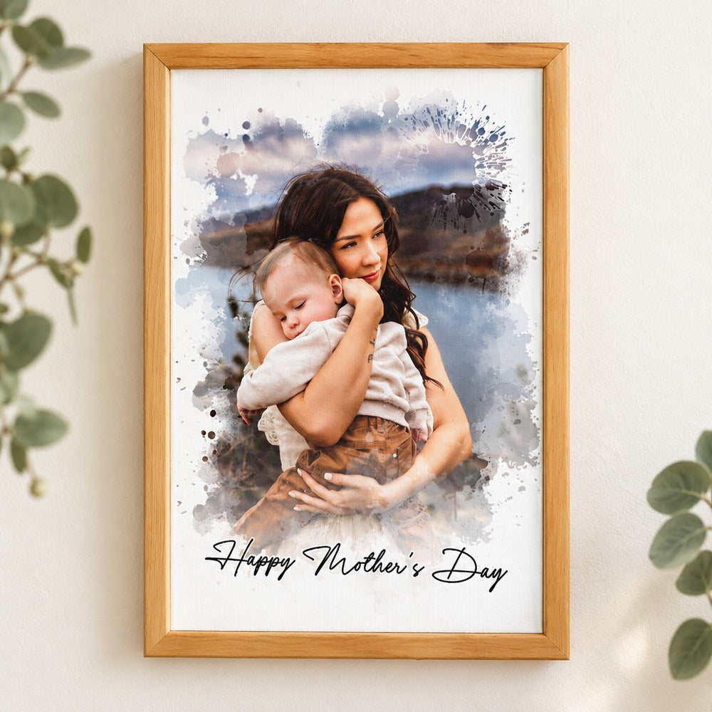 Custom photo watercolor mom portrait framed canvas print hanging on a cream wall with eucalyptus greenery