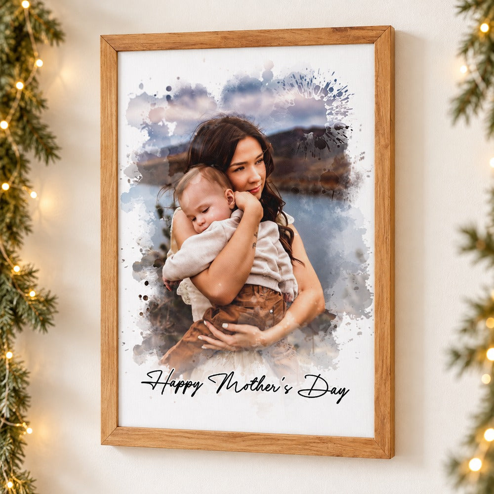 Personalized Mother's Day watercolor portrait framed canvas on wall with holiday garland and lights