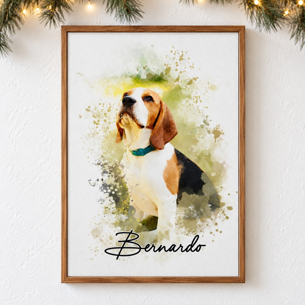 Custom watercolor dog portrait canvas print Bernardo hanging on wall with holiday garland