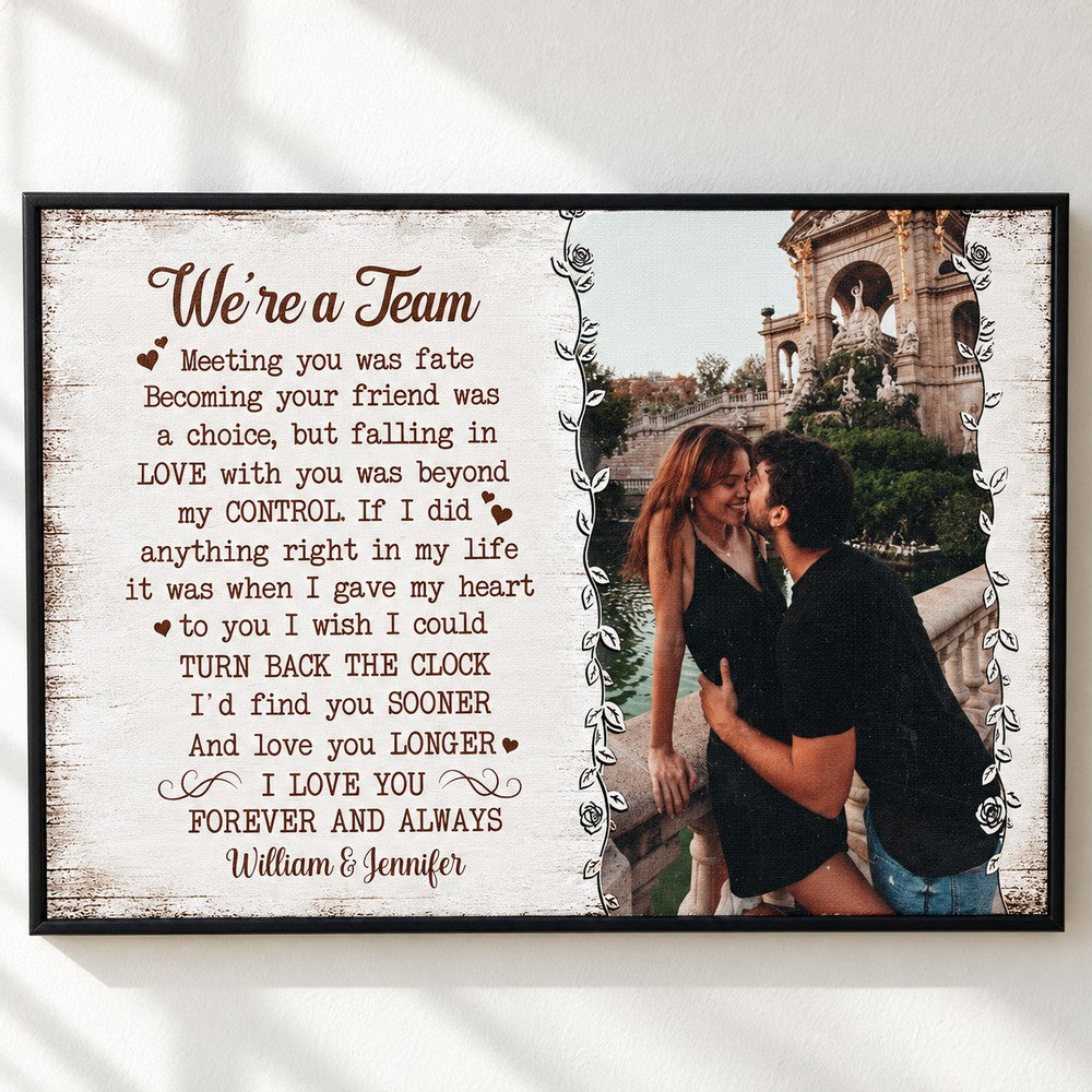 Close-up detail of canvas texture and typography on the Custom Photo We're A Team canvas print