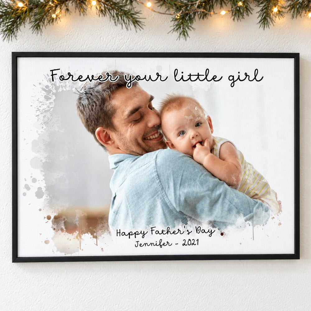 Custom dad and kid portrait canvas hanging on a wall with holiday garland and warm fairy lights